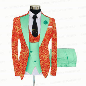 RED FLORAL SLIM SUIT FOR MEN 3 PIECES BLAZER JACKET - B&R African Styles