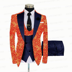 RED FLORAL SLIM SUIT FOR MEN 3 PIECES BLAZER JACKET - B&R African Styles