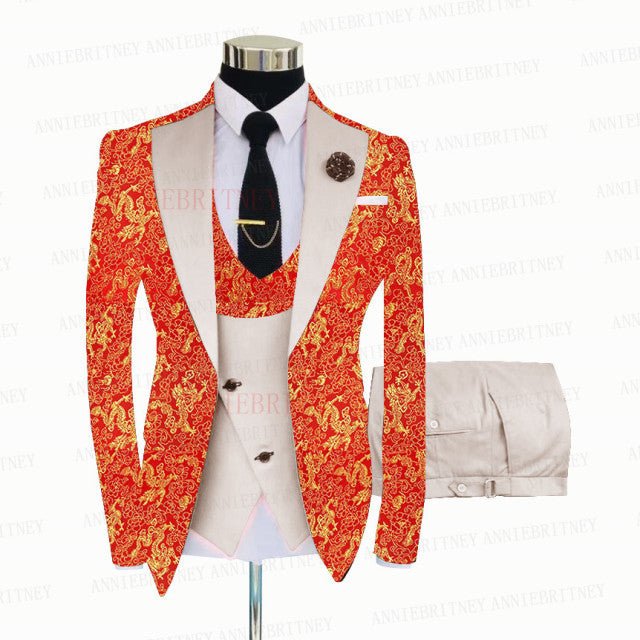 RED FLORAL SLIM SUIT FOR MEN 3 PIECES BLAZER JACKET - B&R African Styles