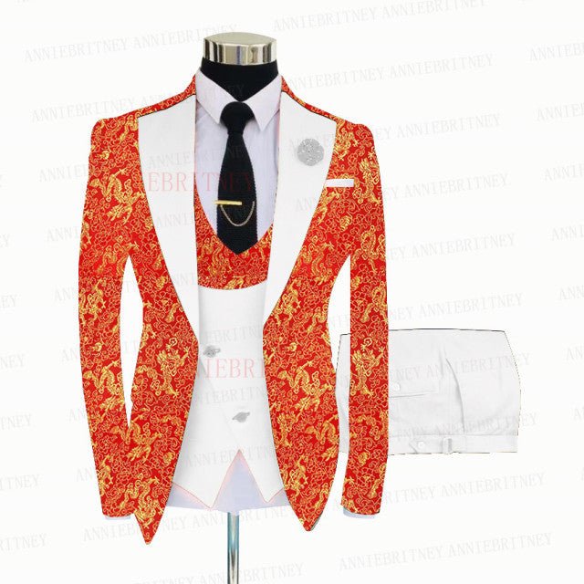 RED FLORAL SLIM SUIT FOR MEN 3 PIECES BLAZER JACKET - B&R African Styles