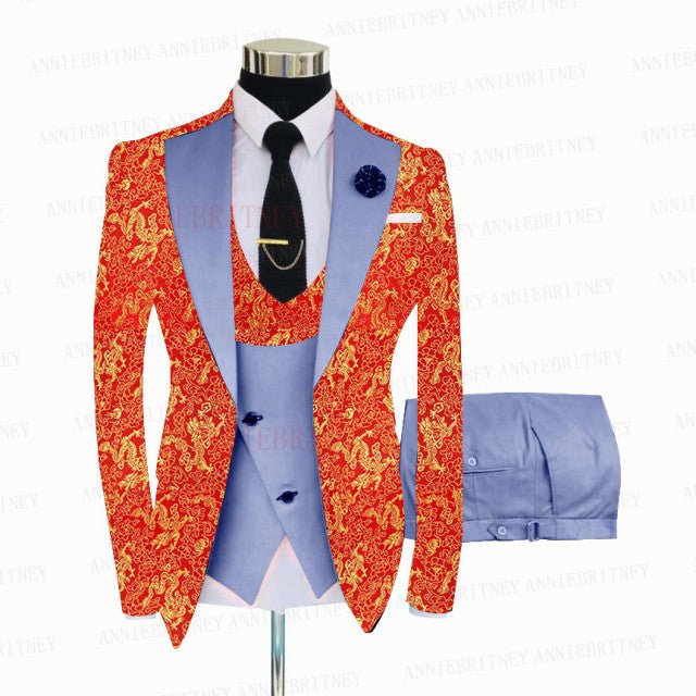 RED FLORAL SLIM SUIT FOR MEN 3 PIECES BLAZER JACKET - B&R African Styles