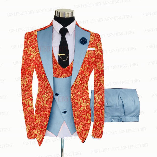 RED FLORAL SLIM SUIT FOR MEN 3 PIECES BLAZER JACKET - B&R African Styles