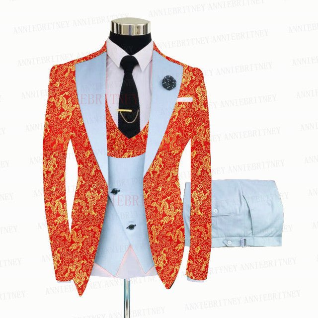 RED FLORAL SLIM SUIT FOR MEN 3 PIECES BLAZER JACKET - B&R African Styles