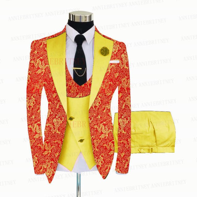 RED FLORAL SLIM SUIT FOR MEN 3 PIECES BLAZER JACKET - B&R African Styles