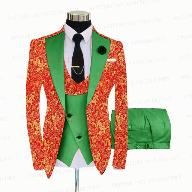 RED FLORAL SLIM SUIT FOR MEN 3 PIECES BLAZER JACKET - B&R African Styles