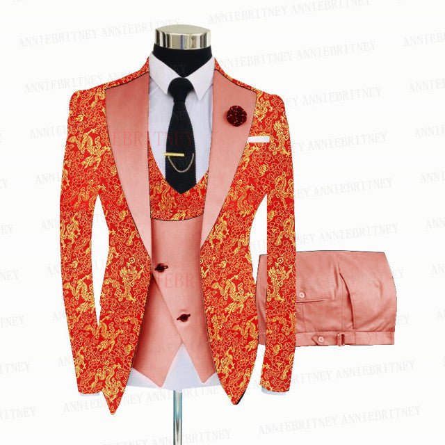 RED FLORAL SLIM SUIT FOR MEN 3 PIECES BLAZER JACKET - B&R African Styles
