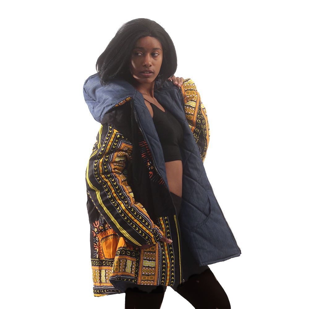 Traditional Dashiki Hoodie: Unisex Black/Yellow Reversible / Denim Jacket - B&R African Styles